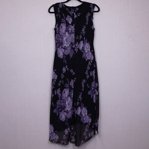 90s Vintage Connected Apparel black purple floral high low midi slip dress-L